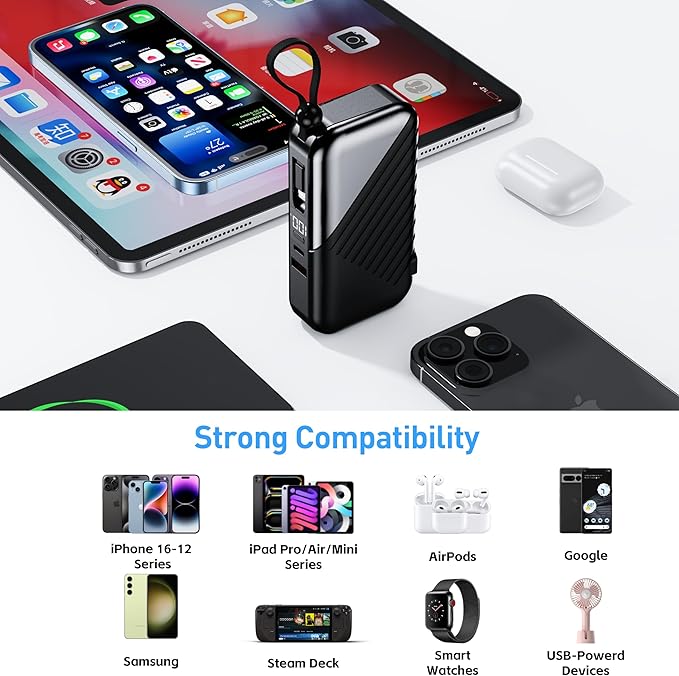Portable Charger with Wall Plug 10000mAh Power Bank for iPhone 27W Portable Charger with Built in Cable Portable Phone Charger for iPhone 17/16/15, Samsung Android, Black