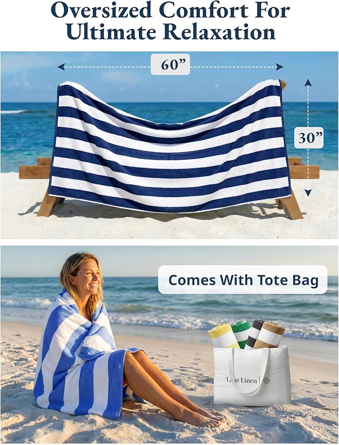 LANE LINEN Beach Towels 6 Pack - 520 GSM 100% Cotton Pool Towel for Adults – (30" x 60") Beach Towel Oversized, Thick & Highly Absorbent - Soft, Comfy & Quick Dry Cabana Stripe Large Towel - Coastline