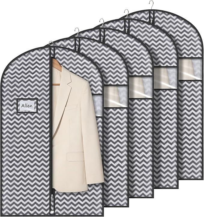 Syeeiex 40" Suit Bag, Set of 5 Garment Bags for Hanging Clothes, Suit Bags for Closet Storage, Garment Bags for Storage Suits,T-shirts, Jackets and Coats (Dark Grey)