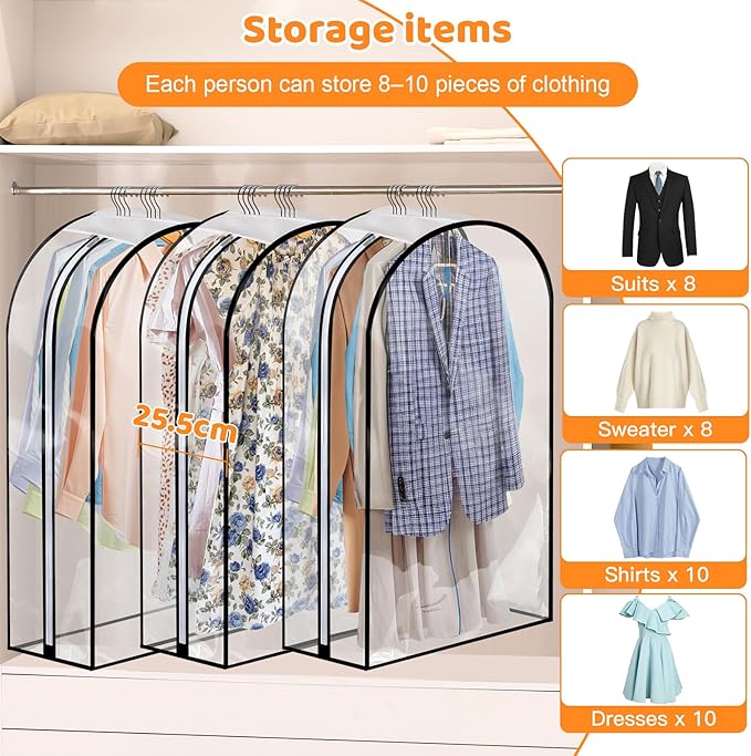 4 Pack Full Clear Garment Bags with Side Zipper, 40" Clothes Covers with 10" Gusset, Transparent Hanging Suit & Coat Covers for Closet Storage, Jackets, Dresses, Windbreakers