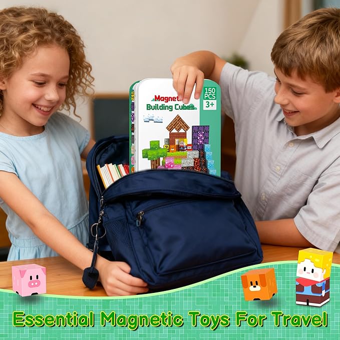 Magnetic Blocks Travel Magnetic Building Blocks Cubes - 150 PCS Tin Box Magnet Toys Set STEM Educational for Kids Ages 4-8 6-8 8-12 Year Old Boys Girls Gifts Birthday Christmas