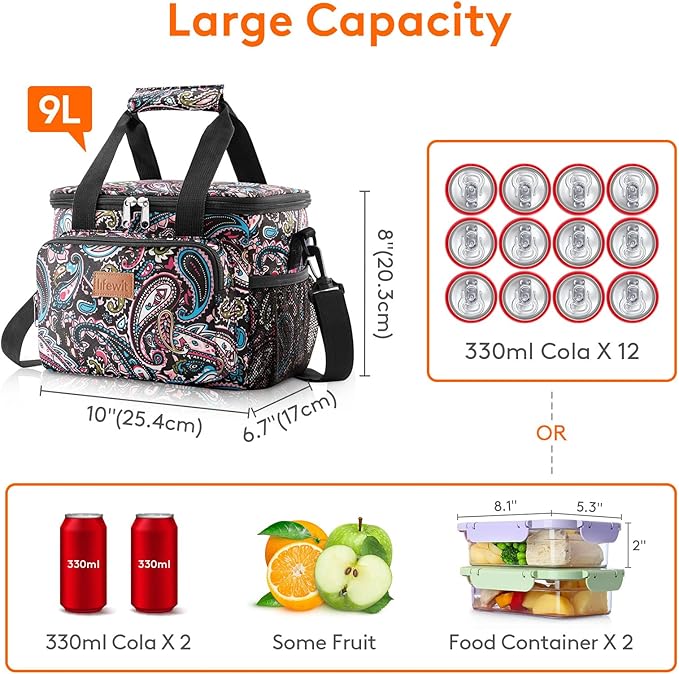 Lifewit Medium Lunch Bag, Insulated Lunch Box, Soft Cooler Cooling Tote for Adult Men Women, Paisley 12-Can (9L)