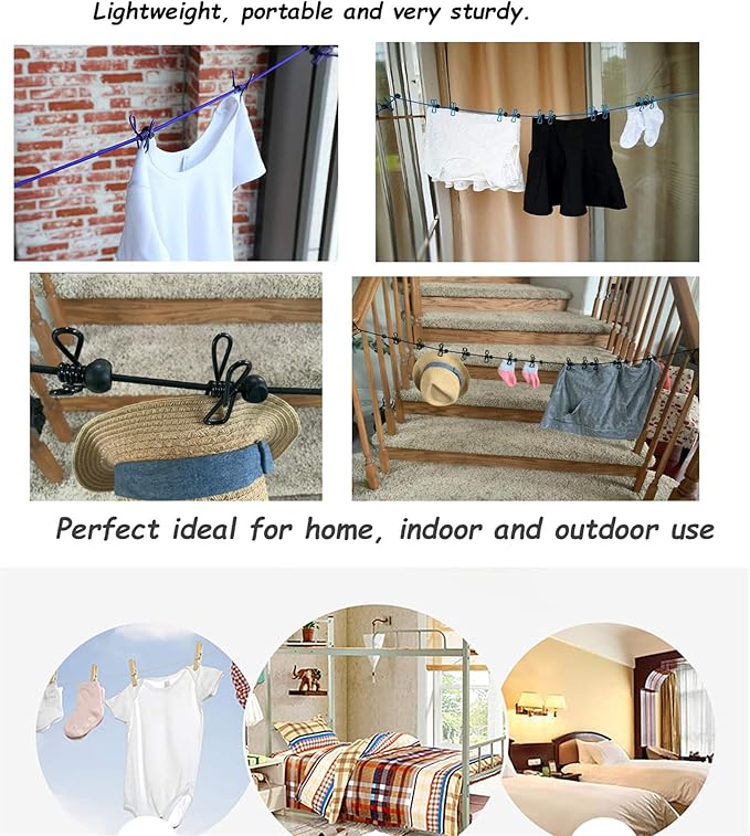 11ft Blue Windproof Clothesline with 12 Clips, Adjustable for Home, Travel & Outdoor Use