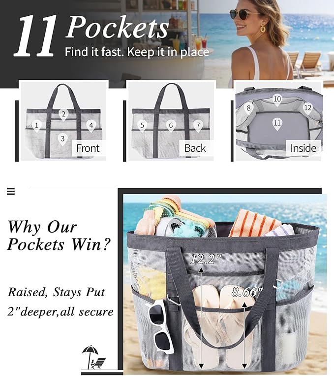 2026 Stylish & Spacious XX-Large Beach Bag for Women – Mesh × Canvas Tote with Top Zipper, 11 Tall Pockets | 40L+ Spacious, 11 Tall Pockets, Zipper Pouch, Secure Zip-Top, Sand-Resistant Base