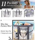 2026 Stylish & Spacious XX-Large Beach Bag for Women – Mesh × Canvas Tote with Top Zipper, 11 Tall Pockets | 40L+ Spacious, 11 Tall Pockets, Zipper Pouch, Secure Zip-Top, Sand-Resistant Base