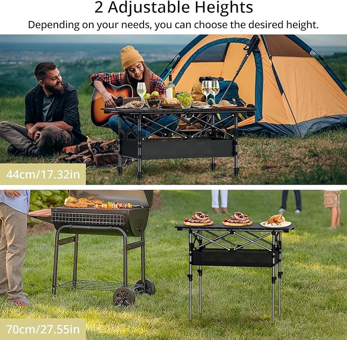 Anbte 3ft Aluminum Roll Top Camping Table Max 27.5", 2 Adjustable Height Folding Camping Table Waterproof with Storage Net and Bag for BBQ Picnic Tailgating Backyard RV Travel, 32.2” x 16”, Pure Black