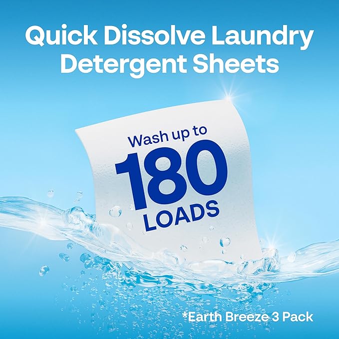 Earth Breeze Laundry Detergent Sheets Fresh Scent - 60 Loads per package. Eco Liquidless Soap - Travel-Friendly for Hot & Cold Cycles, Tackles Tough Stains & Odors - Gentle on Skin, 30 sheets (3 Pack)