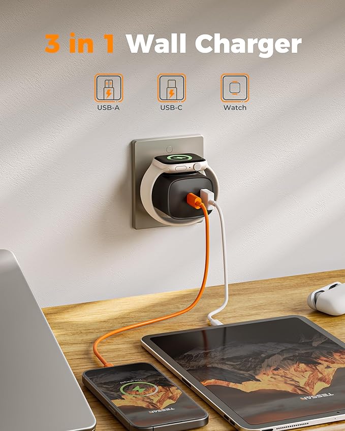 Charging Blocks for Smart Watch, 3-in-1 PD 20W USB C Charger Block with Built-in Wireless Watch Charging, Dual Ports Wall Charger Compatible with iPhone,AirPods,iWatch,Black