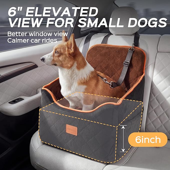 HiPetpy Dog Car Seat 6" Elevated Memory Foam Booster Seat for Small Medium Dogs Under 35 lbs with Pet Blanket, Washable Pet Car Seat with Safety Leash, Anti-Slip Base and Storage Pockets