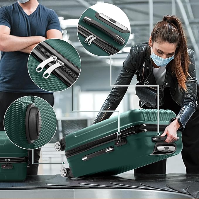 3 Piece Luggage Sets, Lightweight ABS Suitcase with 4 Spinner Wheels ＆ TSA Locks, Hardside Carry On Luggage Durable Suitcase Set for Family Travel Business - Dark Green, 20/24/28
