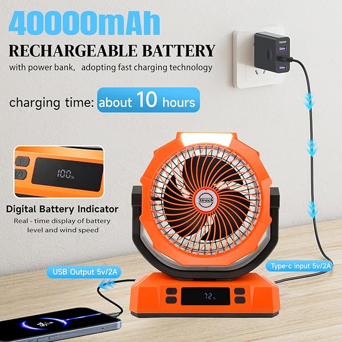 Sireck Camping Fan Rechargeable Portable Fan 12-Inch, 40000mAh Battery Powered Fan with LED Light, Digital Display, Timer, 6 Wind Speeds Cordless USB Desk Fan for Tent, Travel (Orange)