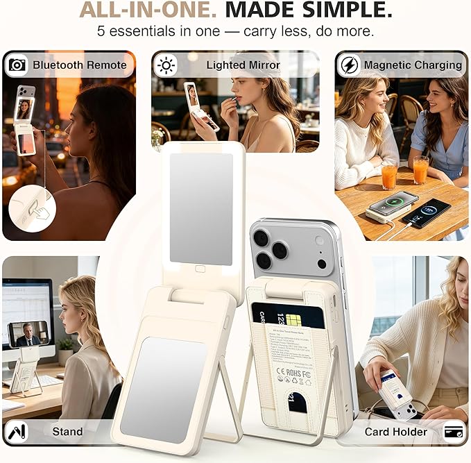 5-in-1 Magnetic Wireless Power Bank, 5000mAh Portable Charger with LED Mirror, Phone Stand, Card Holder & Bluetooth Remote, 20W Fast Charging for iPhone & Android, Travel Essential for Women, Khaki