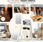 5-in-1 Magnetic Wireless Power Bank, 5000mAh Portable Charger with LED Mirror, Phone Stand, Card Holder & Bluetooth Remote, 20W Fast Charging for iPhone & Android, Travel Essential for Women, Khaki