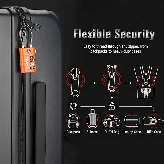 ANVIL TSA Approved Luggage Locks with Search Alert Indicator, 4-Digit Combination Suitcase Lock, Advanced TSA008 Core Heavy Duty Anti-Theft Travel Lock for Double Zippers, Backpacks (4, Orange)