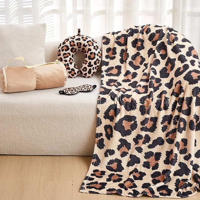 HunnmingRe 5 Pcs Travel Pillow and Blanket Set, 5 in 1 Travel Airplane Compact Includes 40 x 60 Inch Throw Blanket Eye Mask Neck Pillow Earplug and Bag Gifts for Travelers Women(Leopard Print,Brown)