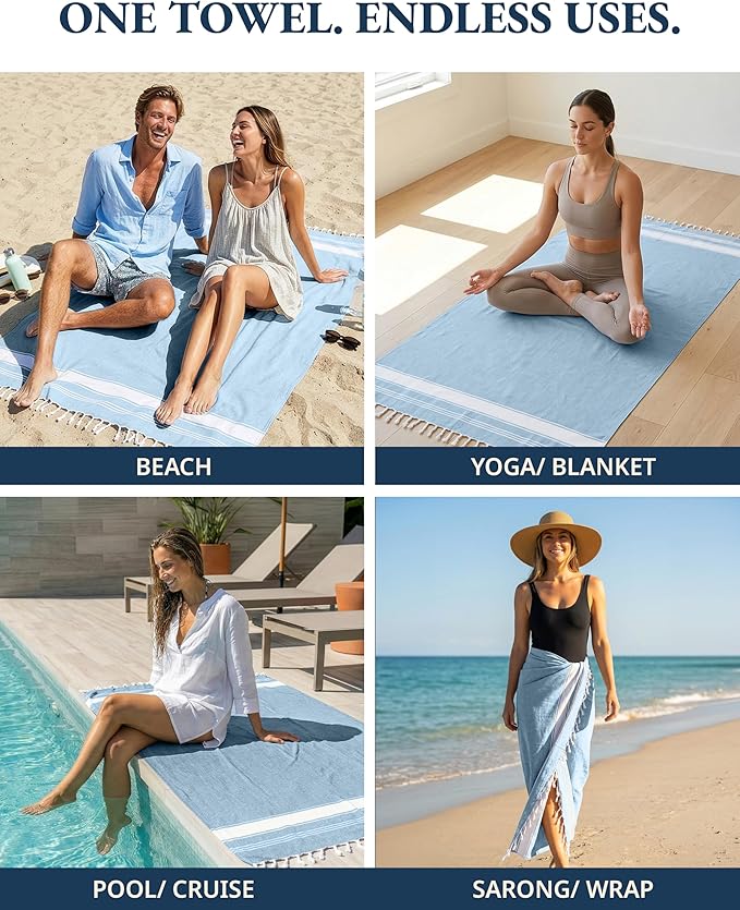 LANE LINEN Beach Towel 4 Pack, Oversized Beach Towels for Adults, Lightweight Travel Beach Towels, Pre-Washed for Soft Hand Feel, Quick Dry Beach Towels, 39"x71" - Sky Blue