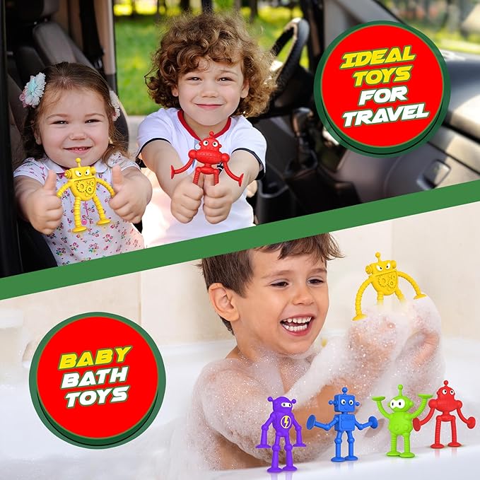 Baby Bath Toys Suction Toy: No Hole Bath Toy for Toddlers - Robot Fidget Suction Cup Toys - Window Building Sensory Toy for Boys Girls Travel Gifts - Travel Essential Road Trip Activities for Kids