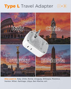 Italy Travel Plug Adapter 2 Pack, TESSAN Italy Power Adaptor with 4 Outlets 3 USB Charger(1 USB C PD 20W), Type L Adapter for US to Chile Libya Syria Tunisia Uruguay