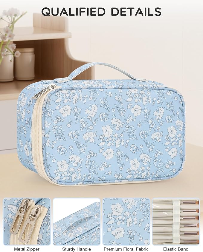 Relavel Travel Makeup Bag, Small Floral Cosmetic Bag with Makeup Brush Compartment, Portable Makeup Pouch for Women, Double Layer Makeup Organizer Bag Cute Toiletry Bag, White Flower