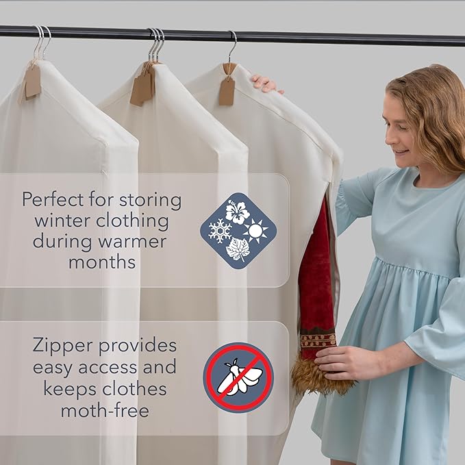 Luxury Cotton Garment Storage Bag, 24x40 Inch, Breathable Washable Reusable, for Hanging Clothes Short Dresses Jackets Suits, Fits 3 Hangers, Zipper Window (1, 24x40x3)