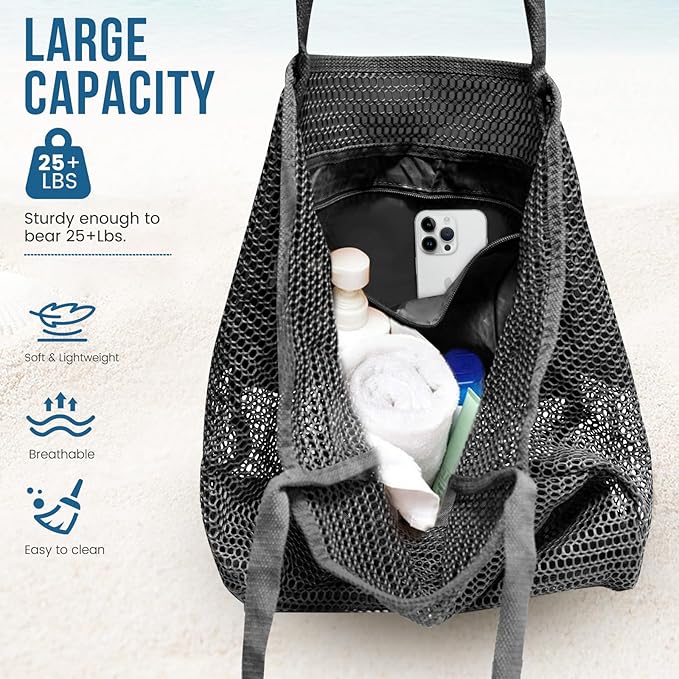 HOHOM Beach Bags for Women, Summer Travel Mesh Tote Bag with Large Inner Pocket, Sandproof Woven Shoulder Handbag