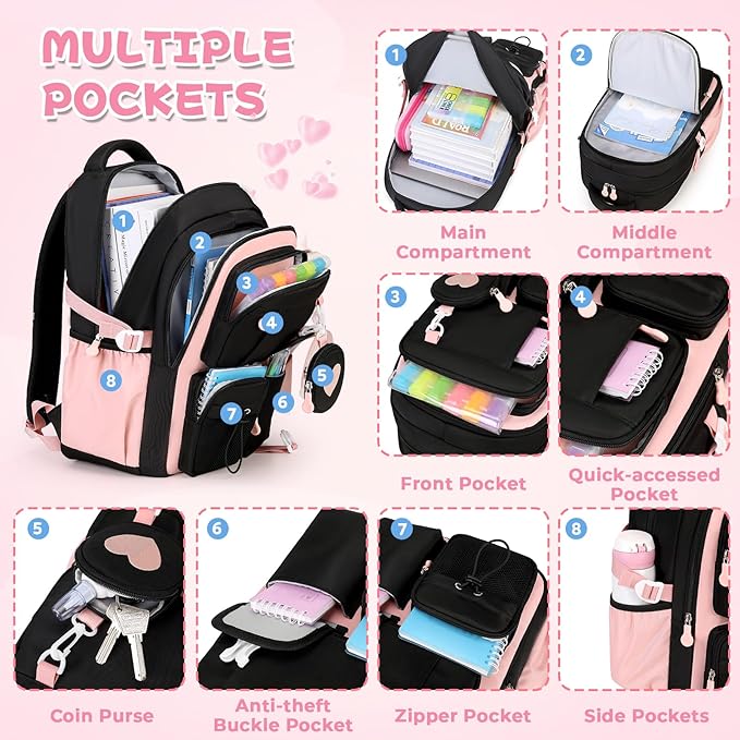MOONBABY Girls Backpack, Kids Backpack for Girls, School bag for Primary Elementary Teenage, Middle School Students Bookbag