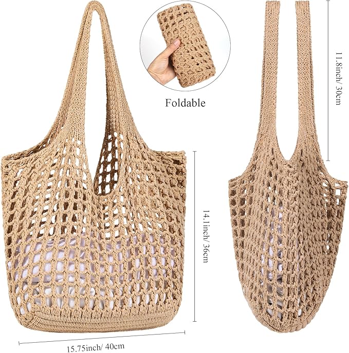 WantGor Crochet Bags, Beach Mesh Tote Bag Womens Shoulder Shopping Handbag Casual Travel Totes Bag Foldable Hobo Bags