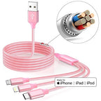Multi Charging Cable 4ft 3Pack 3 in 1 Charger Cord, Multiple Rapid Nylon Braided Cable USB Charging Cable Multi Phone Charger Cord with Type C Micro Lightning USB Connectors for Cell Phones Pink
