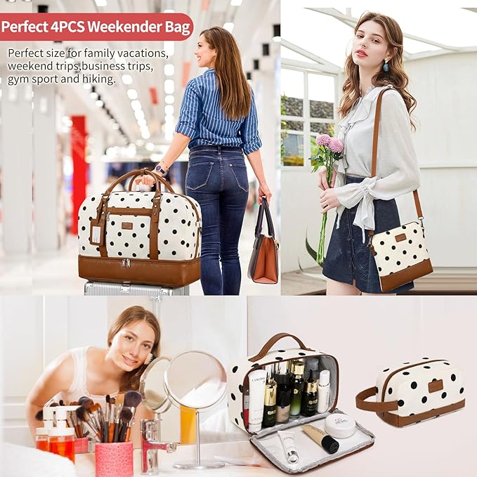 Wogarl 4PCS Weekender Bags for Women Large Overnight Weekend Travel Duffel Carry on Shoulder with Shoe Compartment Canvas Toiletry Bag for Travel Business Gym