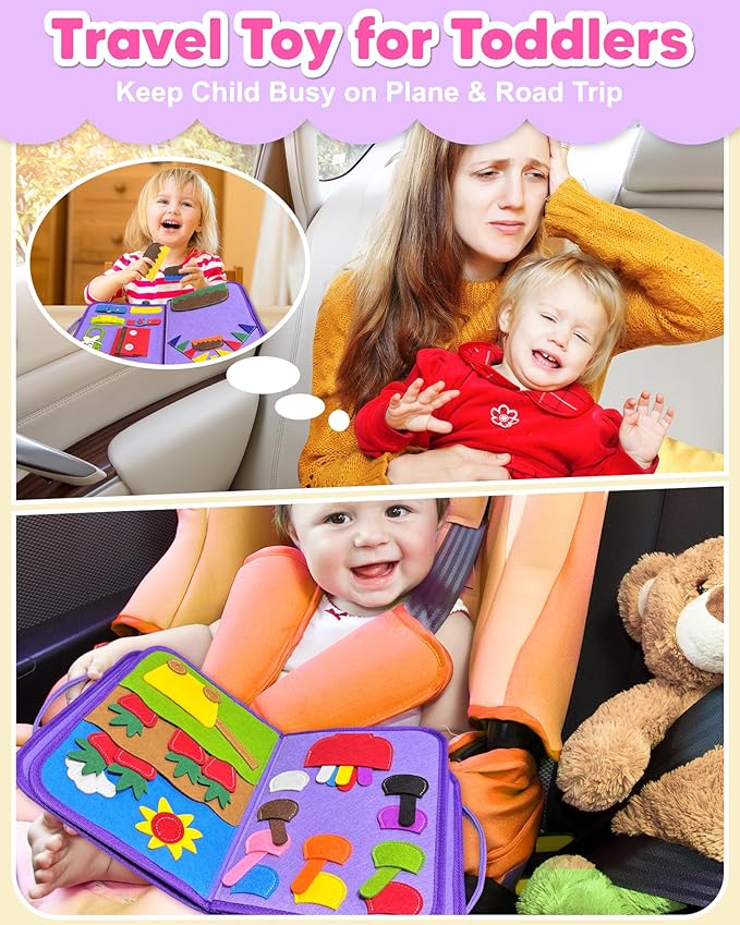 Exorany Busy Board Montessori Toys for Toddler Boy Girl Birthday Gifts, Busy Book Sensory Learning Toys for Toddlers, Toddler Airplane Car Travel Toy Educational Activities