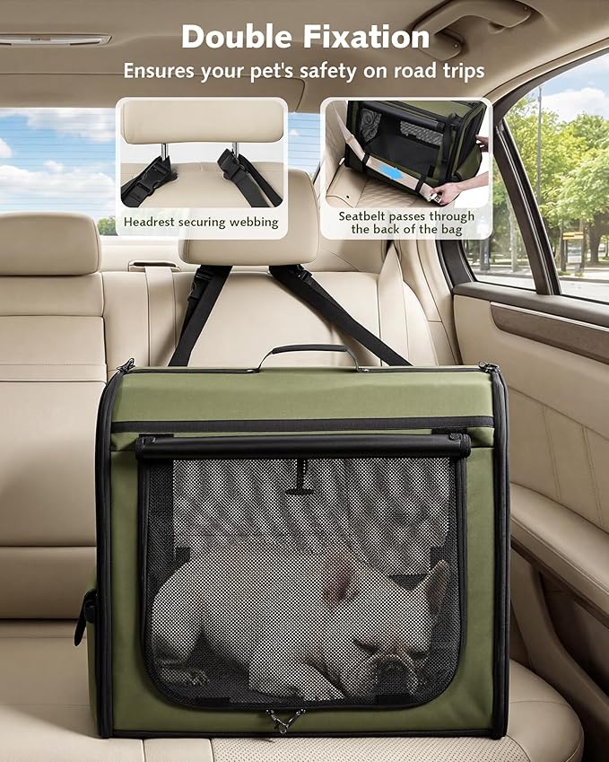Dog Car Carrier Light Weight 24×17.7×20.5in, Dog Carrier Easy to Assemble, Dog Car Crate Portable and Breathable, Foldable Pet Carrier for Indoor and Outdoor, Dog Travel Crate with Curtain Green