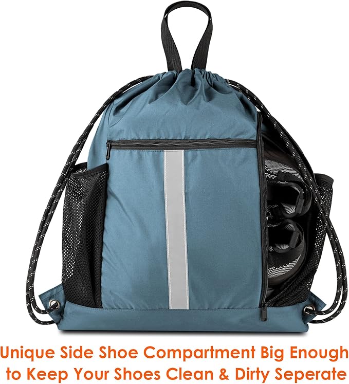 BeeGreen Blue Sport Cinch Bag String Backpack with Shoe Compartment and Two Side Mesh Pockets Machine Washable Sturdy Gymsack Drawstring Sackpack