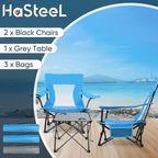 HaSteeL Folding Beach Chair Set of 3, Foldable Blue Camping Chairs & Grey Table for Outside, Low Beach Chair Portable for Adults Fishing, Picnic, Outdoor BBQ, Travel, Sports, Cup Holder & Storage Bag