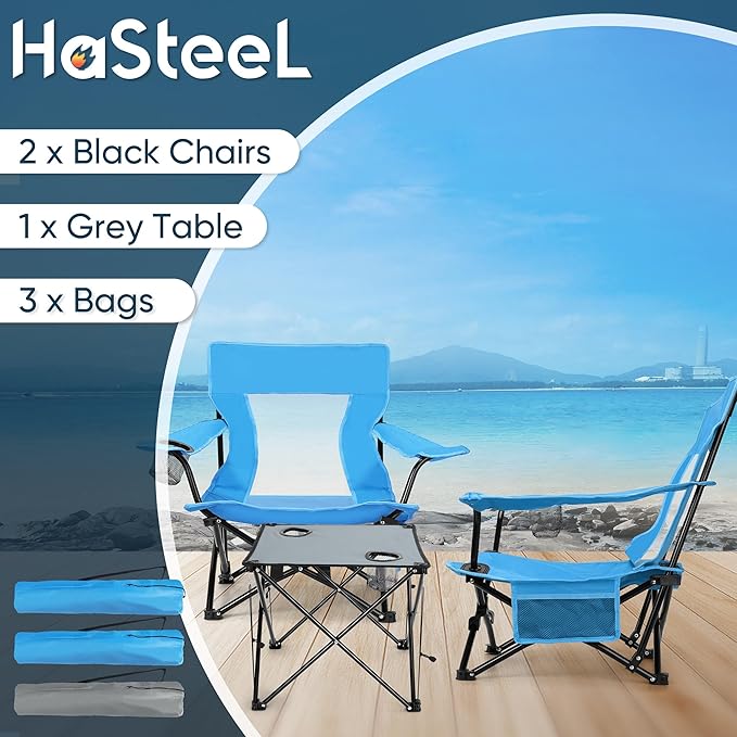 HaSteeL Folding Beach Chair Set of 3, Foldable Blue Camping Chairs & Grey Table for Outside, Low Beach Chair Portable for Adults Fishing, Picnic, Outdoor BBQ, Travel, Sports, Cup Holder & Storage Bag