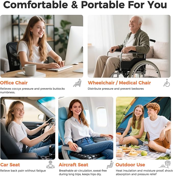 Upgrade Airplane Seat Cushion with No External Air Pump, Inflatable Seat Cushion for Long Flights, Portable Wheelchair Cushions, Adjustable Air Cushion with Non-Skid Bottom Relief Discomfort in Coccyx