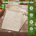 10 Pcs 17 x 14 in Reusable Produce Bags Grocery Washable, Cotton Mesh Produce Bags Plastic Free, Drawstring Closure, Double-stitched Organic Cotton Mesh Grocery Bag for Vegetables Fruit Onions