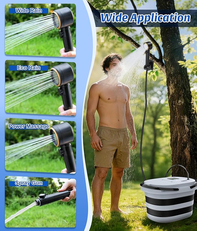 WADEO Portable Shower for Camping with 20L Bucket, 13000mAh Rechargeable Camping Shower with Intelligent LED Display & °F/°C Switch, 5 Speeds Modes, IPX8 Waterproof Portable Shower for Hiking, Travel