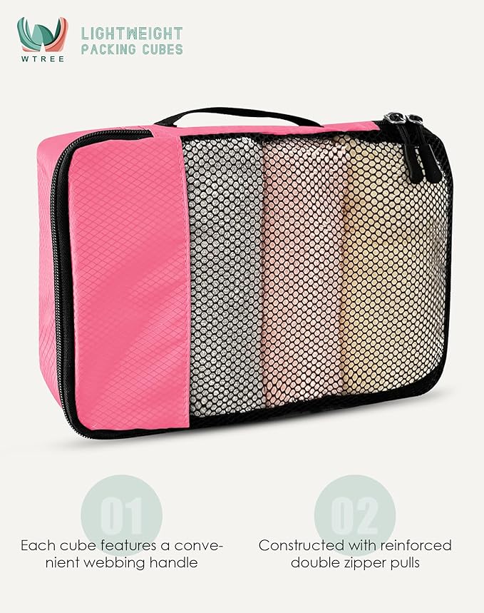 WTREE 4-Piece Packing Cubes Travel Accessories Set for Suitcases - Luggage Organizer Bags with Double Zipper - Mesh Top - Small/Medium/Large/Slim - Pink