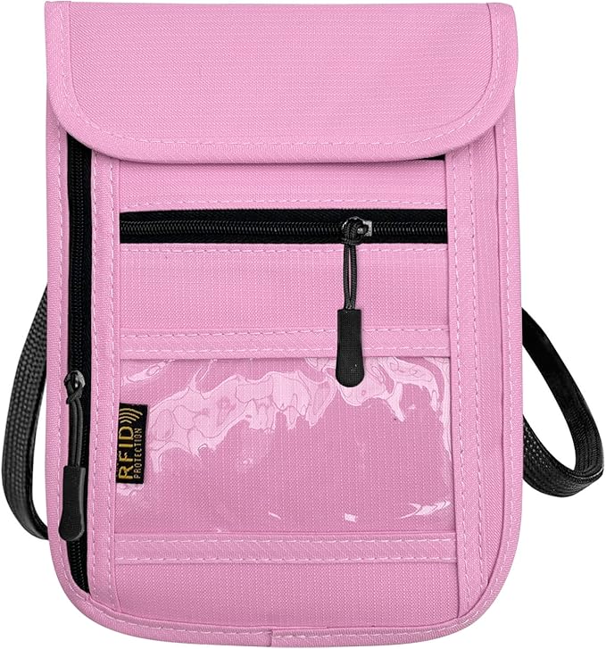 RFID Blocking Travel Neck Wallet Pouch and Passport Holder, Travel Neck Pouch Passport Holder for Women & Men - Pink