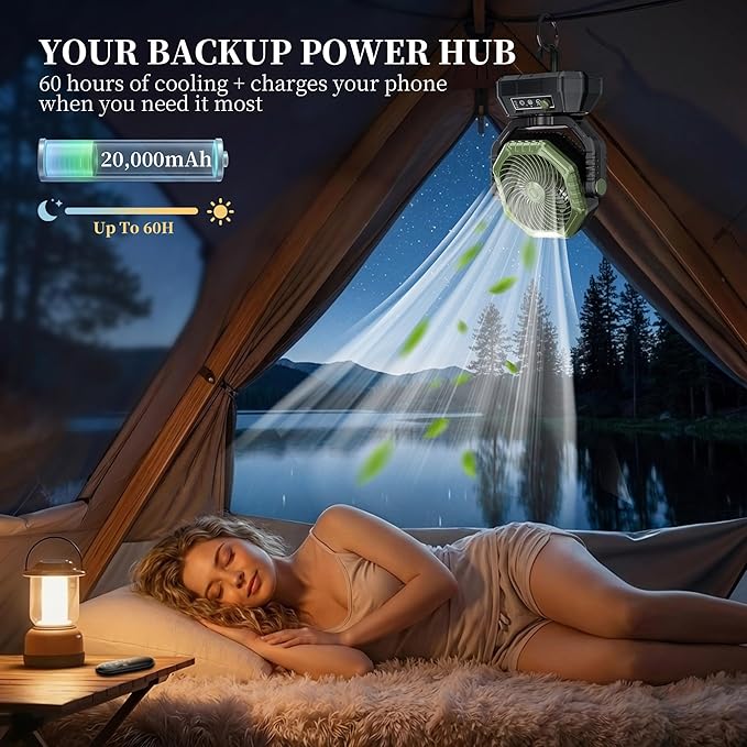AJVV Camping Fan with Light, Remote and Oscillation, Battery Powered Hanging Tent Fan, Rechargeable Portable for Camp, Outdoor, Emergencies, Fishing, RV Travel, Jobsite