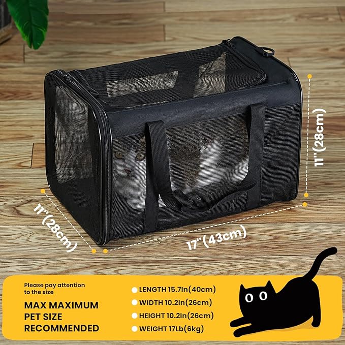 Conlun Cat Carrier Bag,Soft-Sided Pet Carriers for Dogs with 4-Sided Mesh,Airline Approved Cat Transport Carrier for Small&Medium Cats Kitten Puppy Up to 15Lb,Collapsible Cat Travel Carrier-M,Black