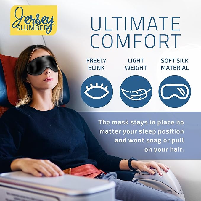 Jersey Slumber 100% Silk Sleep Mask for Women Men Side Sleeper - Light Blocking Eye Mask for Sleeping, Zero Pressure Soft Blindfold, Adjustable Strap, Silk Eye Cover for Travel Nap - Black