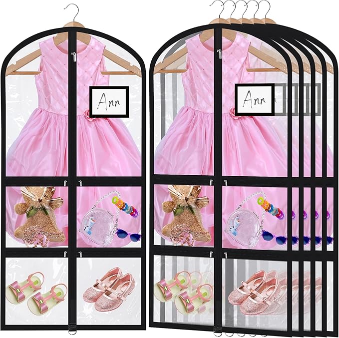 Woanger 6 Pcs Garment Bags for Dance Costumes Clear PVC with Zippers Garment Bag with Pockets Dance Costume Organizer Carrier for Storage Cover for Adult(Transparent,20'' X 40'')