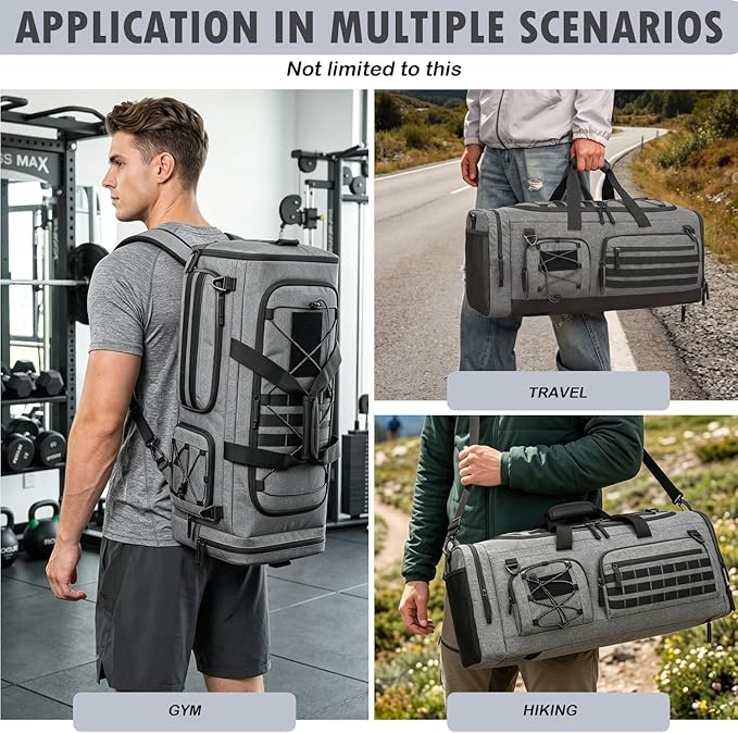 Gym Bag for Men and Women, 50L Extra Large Duffle Bag, 3-in-1 Travel Sports Duffel Bags with Shoe & Laptop Compartment for Overnight Weekender Gym Traveling Workout Deployment, Black + Gray