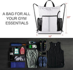 BeeGreen White_Drawstring_Backpack_Bag_Sports_Gym_Backpack with Shoe Compartment and Two Water Bottle Holder for Men Women Large String Athletic Sackpack Workbag White