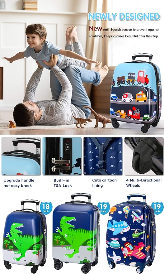 GURHODVO Kids Luggage with Spinner Wheels for Boys Girls Carry on Hardshell Suitcase Travel Trolley Toddlers Children Gift (vehole, 18inch)