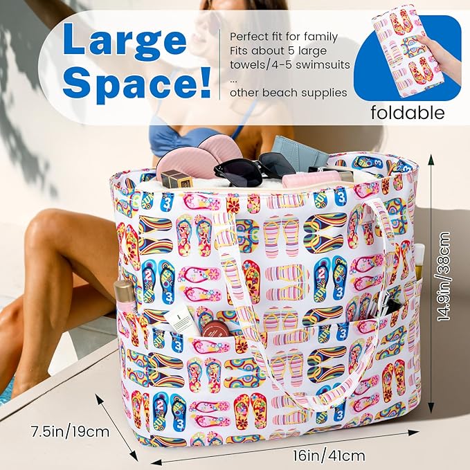 Iioscre Beach Bag for Women, Causal Hobo Pool Bags with Zipper Inner Pocket, Foldable Swim Tote Bag for Vacation Essentials