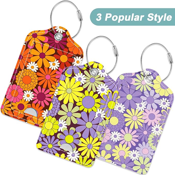Rimilak 3 Pcs PU Leather Luggage Tags for Suitcase, Travel Cruise Luggage Tag with Privacy Flap, Name ID Label and Metal Loop for Women Men Baggage Handbag School Bag Backpack, Small Flower