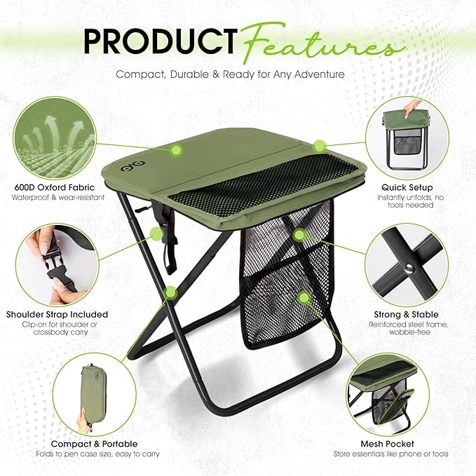 CAMDOOR Portable Collapsible Stool, 16″Folding Stool with 3 Side Pockets and Shoulder Strap, Extra Large Camping Chair Supports 400 lbs, Ultralight Portable Seat for Outdoor, Hiking, Fishing (Green)
