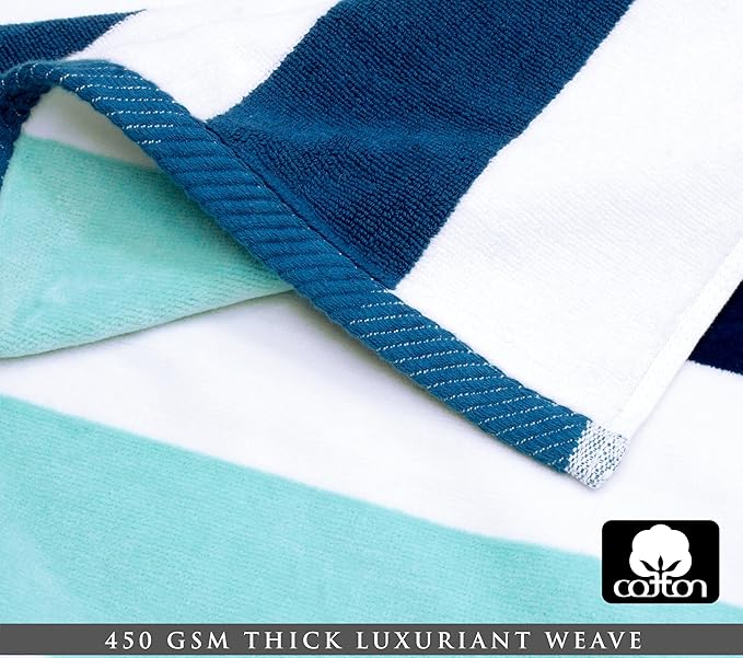 COTTON CRAFT Oversized Beach Towel - 2 Pack 35 x 70 inches XL Beach Towel - 100% Cotton Velour - Big & Huge - Thick Plush 450 GSM Super Soft Luxury Towel - Pool Picnic Bath - Cabana Stripe Blue